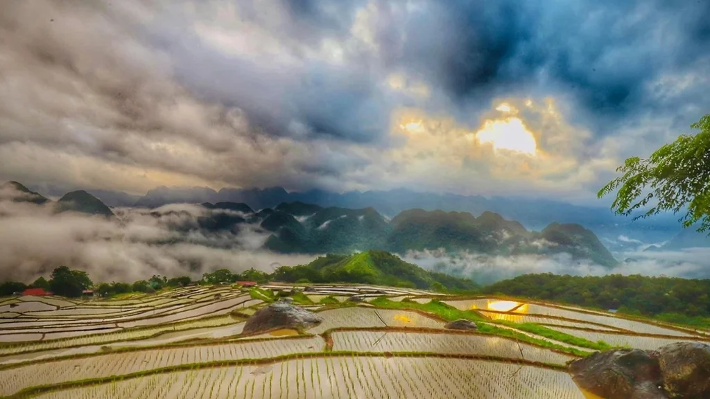 Scenic view of Pu Luong rice fields with river and mountains – part of the Northern Vietnam 8-day itinerary tour.
